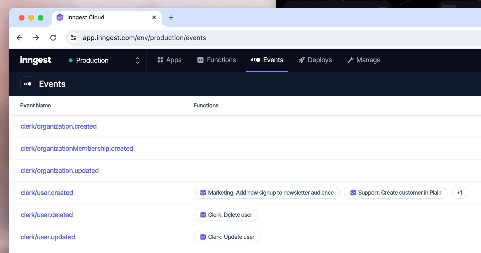 Clerk events in the Inngest dashboard