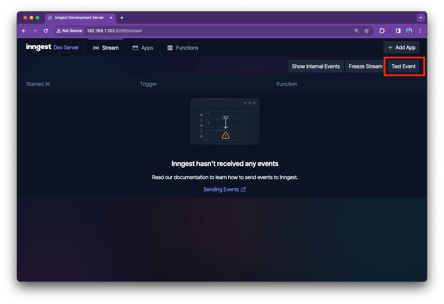 Inngest Dev Server screen with no events recorded and the test button highlighted